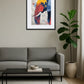 Toile éléphant pop art urbain accrochée au-dessus d’un canapé gris avec table basse noire et plante verte dans un salon moderne